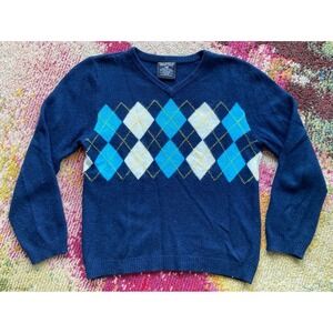 Polo Jeans Co Womens V Neck Argyle Sweater Medium Cashmere Lambswool Angora Blue